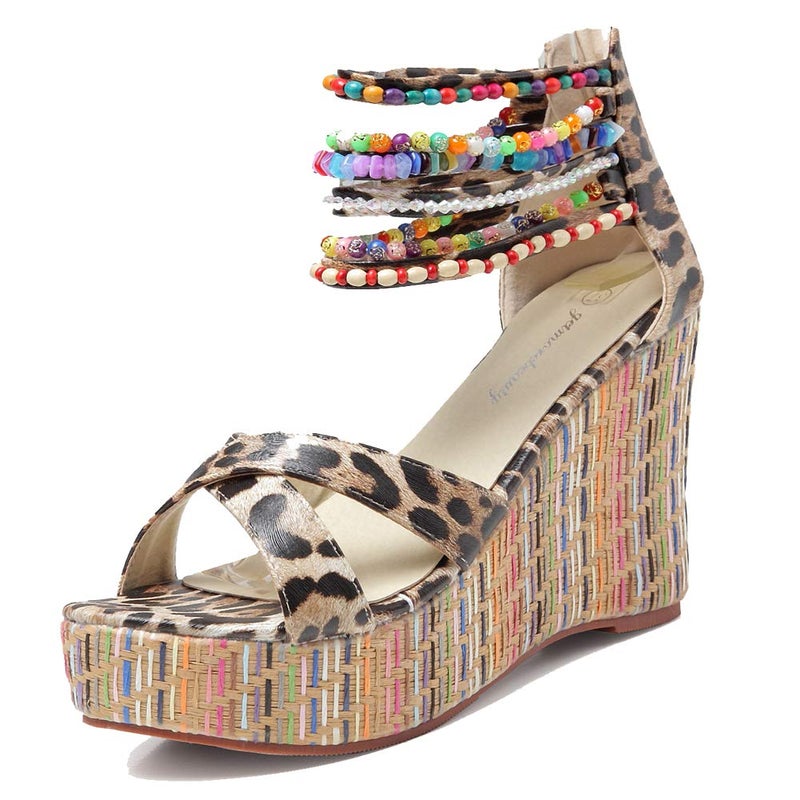 getmorebeauty Women's Wedge Sandals With Pearls Across The Top Platform Sandals High Heels (9, Leopard, numeric_9) - Image 1